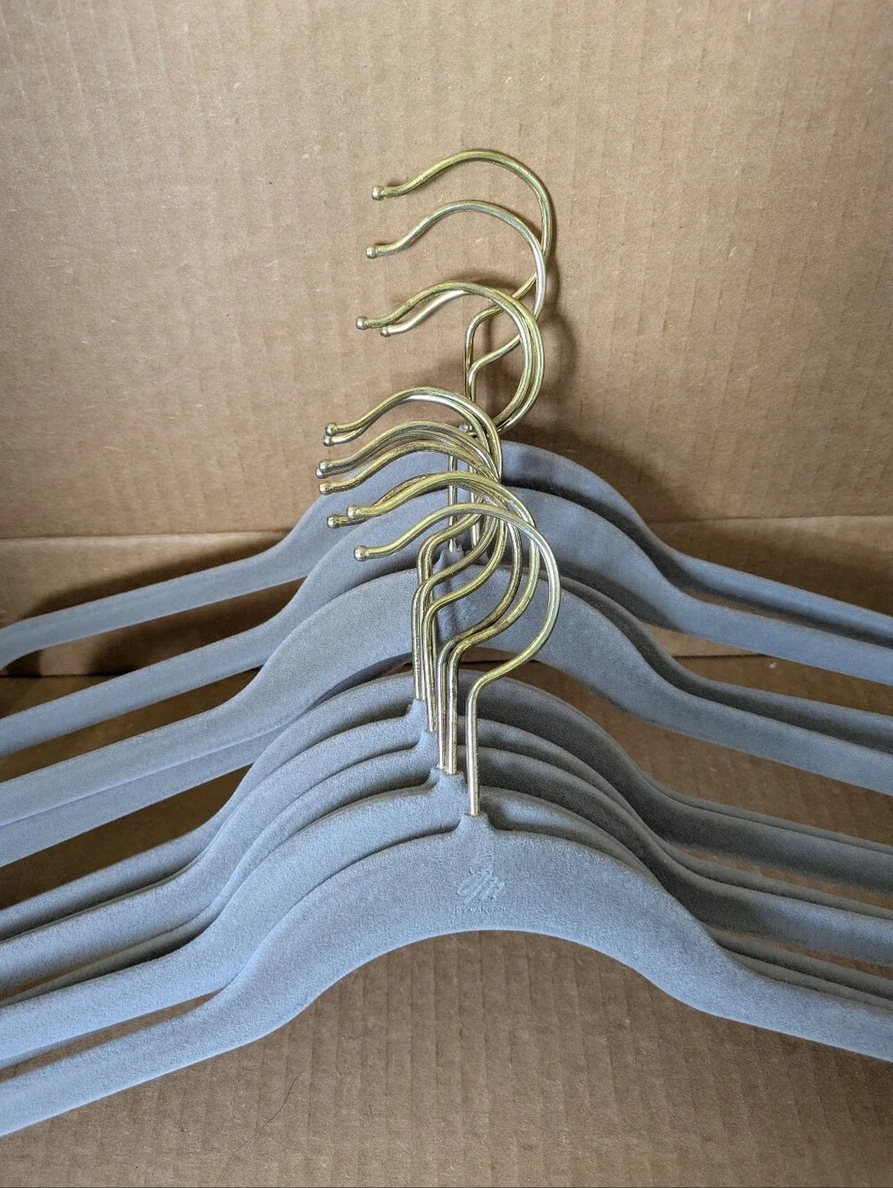 Joy Mangano Gray Velvet Non Slip Slim Hangers with Gold Tone Swivel Hooks Set 12